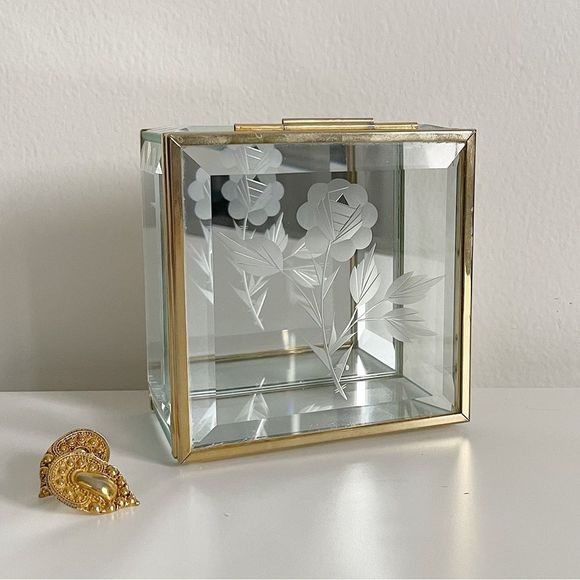 Vintage Other - Vintage | Small Brass & Etched Glass Mirrored Trinket Box